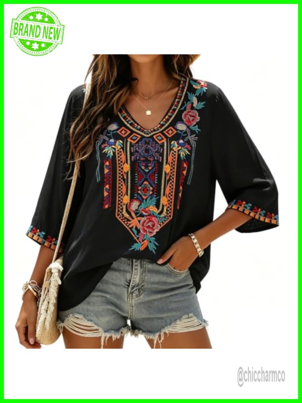 Embroidered Peasant Blouse 3/4 Sleeve V-Neck Tunic Cotton-Rayon